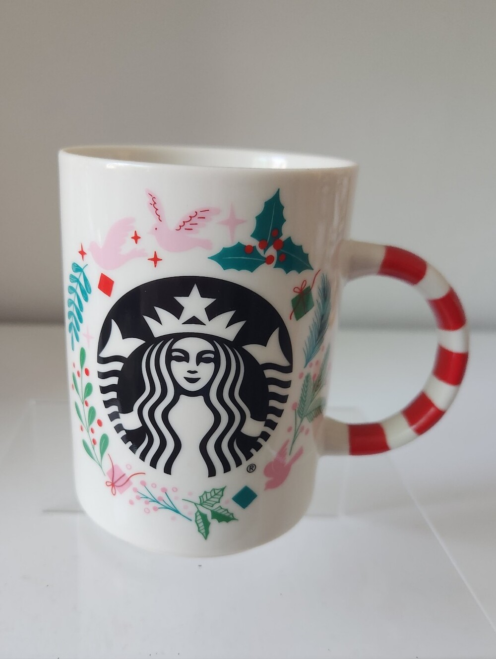 Starbucks White Holiday Ceramic Mug with Red Stripe Handle 12 Oz